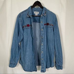 Cabin Creek Button Down Denim Top Floral Embroidery